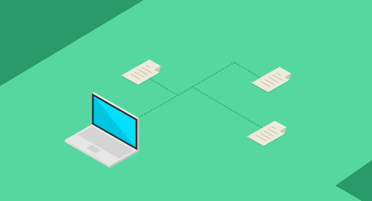 Illustration of documents connecting to a laptop