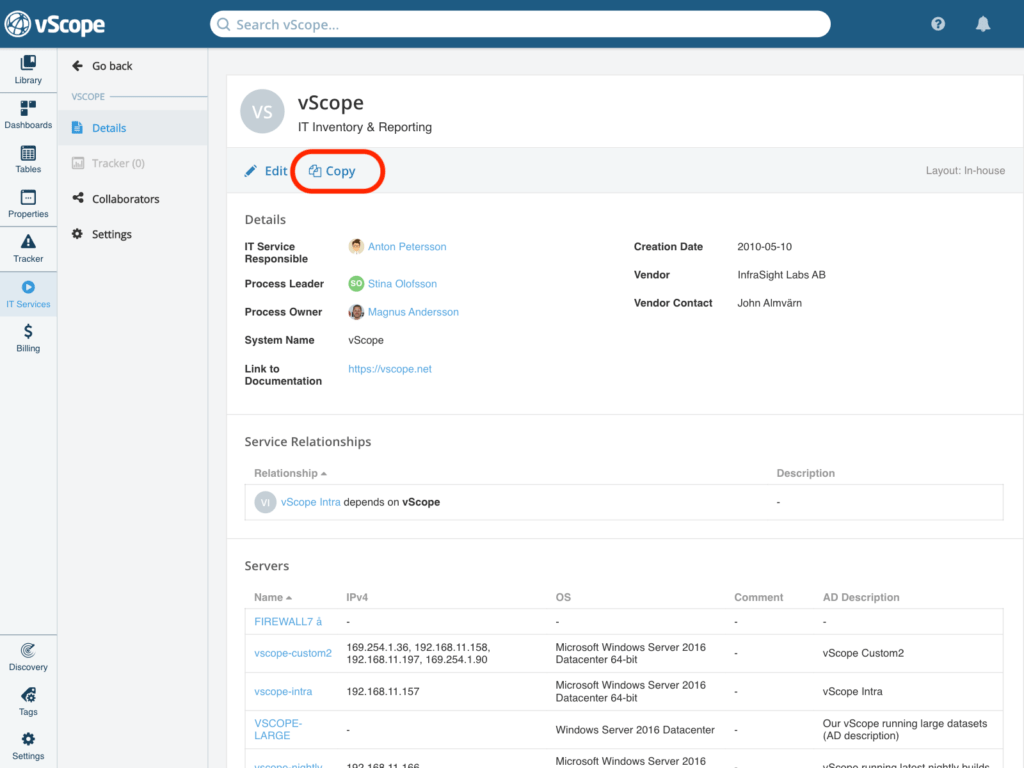 Copy button of IT Service