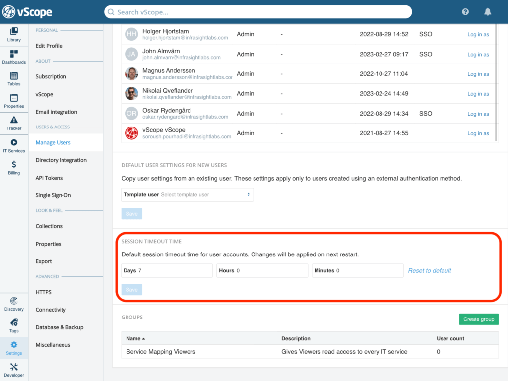 Settings page in vScope